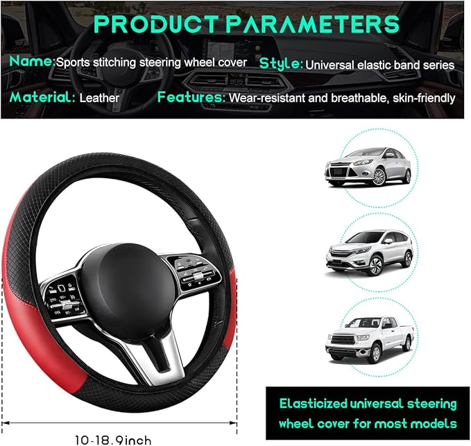Car Steering Wheel Cover, 15 inch Carbon Fiber Microfiber Leather Elastic Steering Wheel Protector, Breathable Anti-Slip Comfortable Steering Wheel Covers for Most Cars (Black&Red, AD)
