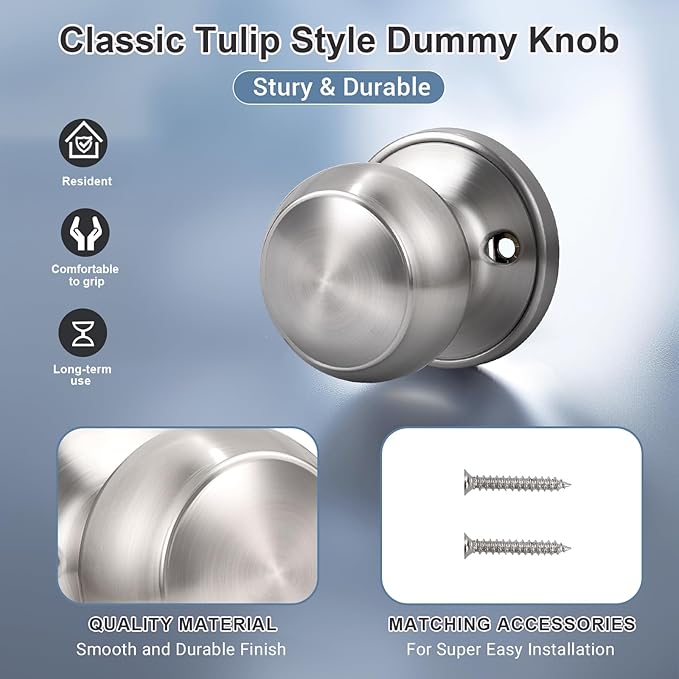 KNOBWELL 2 Pack Brushed Nickel Dummy Door Knob, Single Sided Handle for Closets, French Double Doors, and Pantry, Satin Nickel One Side Non-Turning Interior Push/Pull Door Knob
