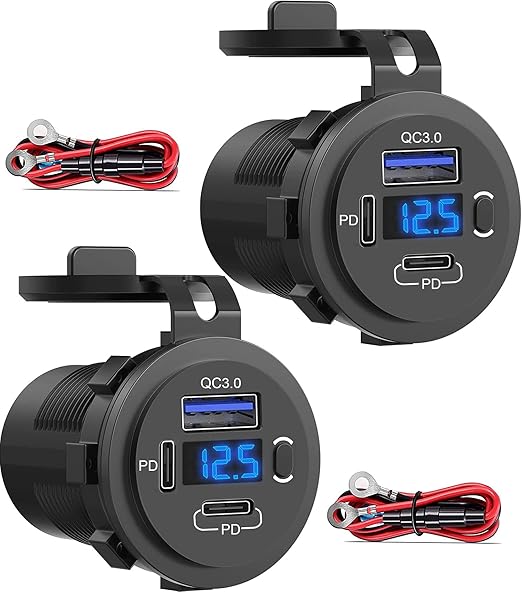 12V USB Outlet, Dual USB C Car Charger Socket & Quick Charge 3.0 Port with Voltmeter and Power Switch for Car Boat Marine Truck 2 Pack
