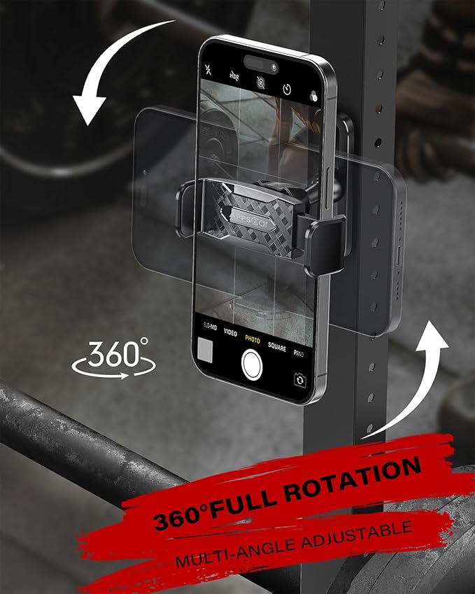 APPS2Car Magnetic Phone Holder for Gym, Alloy Base and Joint for Strong Hold, 360° Adjustable, Compatible with 4.7-6.5 Inch iPhone & Android Phones, Secure Workout Equipment Accessory for Men Women