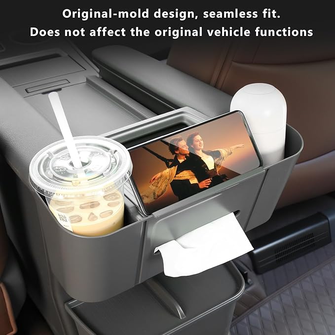 Center Armrest Rear Organizer for Toyota Sienna 2021-2026 ABS Cup Holder Tray Center Consoles 3-in-1 Backseat Organizer(Gray)