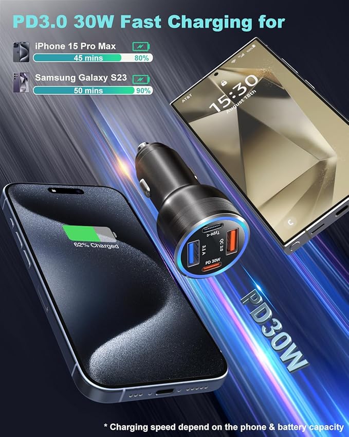 65W USB C Car Charger with Retractable Coiled USB C Cords, OKRAY 4-Port Car Charger PD30W&QC3.0 Fast Charging 12v Cigarette Lighter Adapter for iPhone 17 Air 16e 15 16 Pro, Samsung Galaxy S25 S24 A16