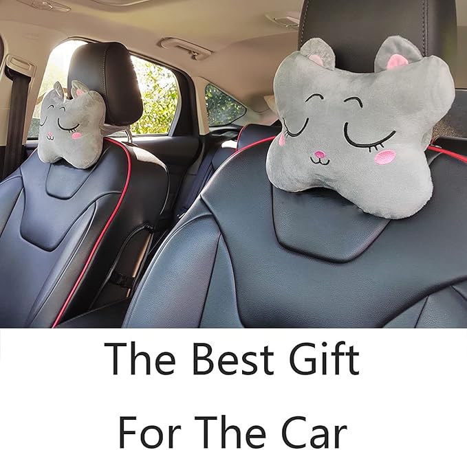 Sexysamba Car Headrest Pillow,Cartoon Neck Pillow for Car,Comfortable Soft Car Seat Pillow for Driving,Head Rest Cushion,Cute Neck Pillow for Travelling and Home 2Pcs (Grey Cat)