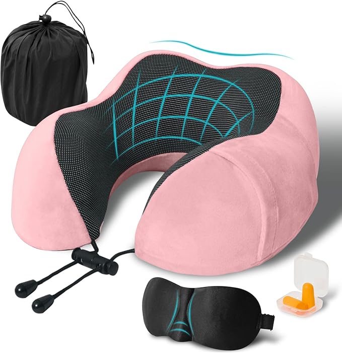 Travel Pillow, Memory Foam Neck Pillow for Traveling, U Shape Neck Pillow Airplane Portable Flight Pillow Travel Kit with 4D Contoured Eye Masks and Earplug for Plane Train Car Home Office - Pink