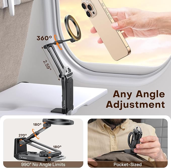 OMOTON TP02 360°Rotating for MagSafe Tripod, Adjustable Aluminum Magnetic Phone Tripod for iPhone 17/16/15/14 Pro Max Air, Foldable Cell Phone Stand Fits Vlog, Gym, Travel Essentials Accessories