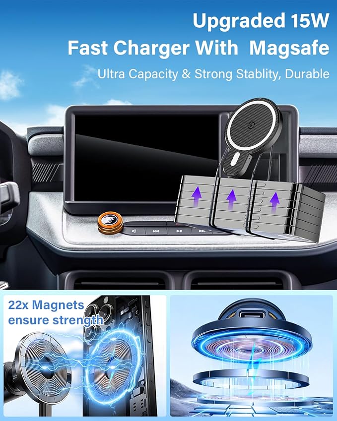 PZK Car Phone Holder for Ford Maverick 2022 2023 2024 Accessories with Strong Magnetic 15W Fast Wireless Charger Magsafe Car Phone Mount with Cubby Stroage Box Trunk Dash Mount 360° Rotation