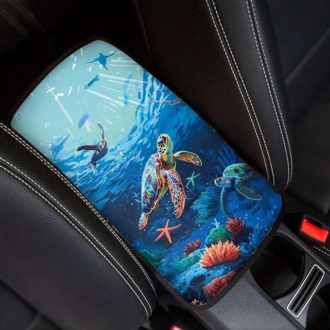 JoyLamoria Underwater Sea Turtle Car Armrest Cushion Cover Center Console Box Pad Car Accessories for Men Women