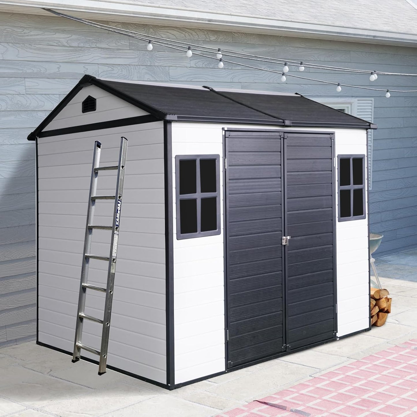 8x6 FT Outdoor Storage Resin Shed with Floor,Waterproof Plastic Garden Bike Shed with Lockable Door, Sloped Roof, Vents & Windows, Easy Assembly Tool Shed for Lawn, Backyard, Patio, White