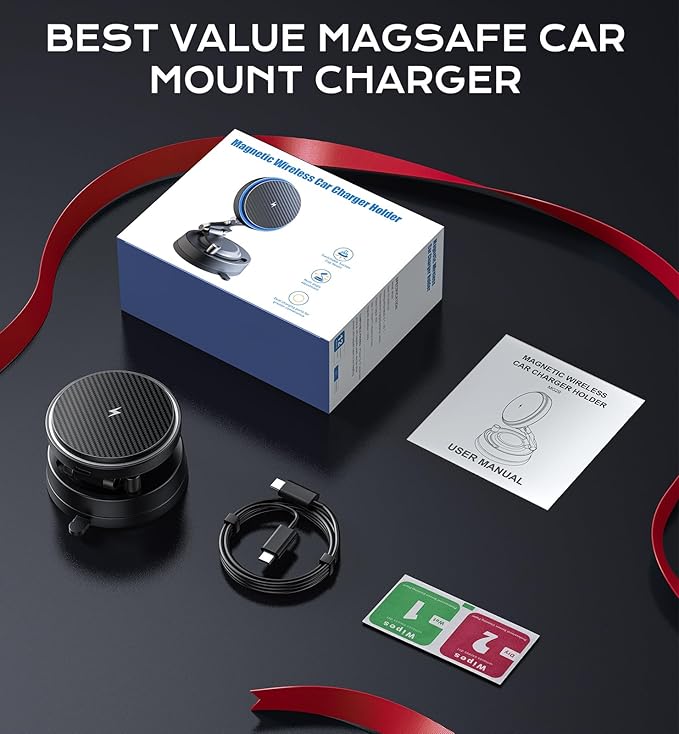 for MagSafe Car Mount Charger, 15W Fast Wireless Charging Magnetic Car Phone Holder, 360°Rotatable & Foldable Metal Stand, Strong N52 Magnet for iPhone 17–12 Series & Mag Safe Case