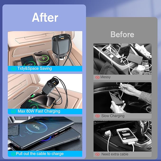 Retractable Car Charger for 4 in 1 Fast Charging Max 80W【2 Type-C Charging Cable】 for iPhone16 15/Galaxy,USB-A/C Port for iPhone16/15/14/13/Pro Max Plus,iPad,AirPods,PD 3.0 Cord