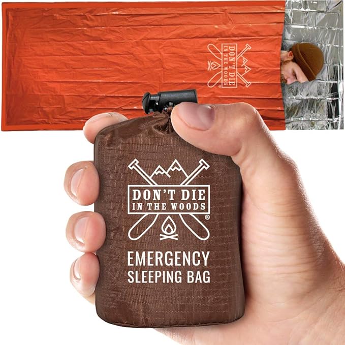 Don’t Die in The Woods - Emergency Sleeping Bag with Hood - Made with Extra Thick Thermal Mylar - 10 Essentials Hiking Camping Blanket, Survival Gear Tactical Car Disaster Bug Out First Aid Kits