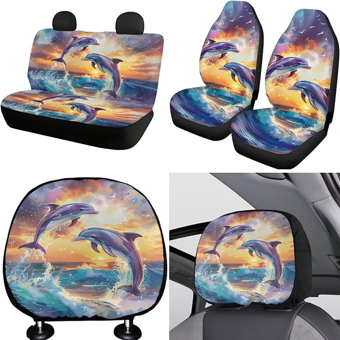 FKELYI Dolphin Car Seat Covers - Full Set with Steering Wheel, Gear Shifter, Handbrake, Headrest Covers and Cup Coasters