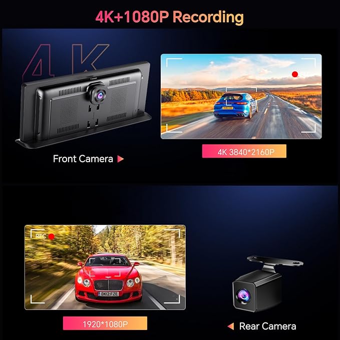 K2 PRO 11.3'' Wireless CarPlay Screen 4K Dash Cam Portable Android Auto Car Stereo Video Recording, Car Audio Receivers 1080P Backup Camera, Bt/GPS Navigation/AirPlay/Siri