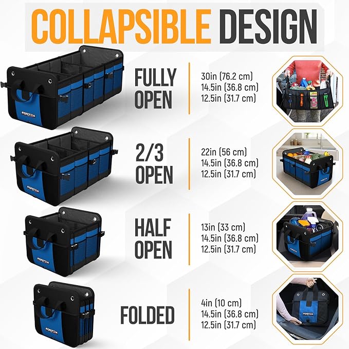 FORTEM Trunk Organizer For SUV Car Organizer and Storage, Multi-Compartment Storage Bag Car Accessories for Women Men, Perfect Christmas Gifts, 1680D Oxford, Non Slip Bottom, Straps, Soft Cover (90L)