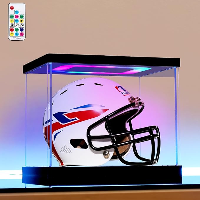 Mini Helmet Display Case with Light, Acrylic Clear 1/2 Football Baseball Helmet Showcase with Multiple Color Lights for Sports Collectibles（7.5×5.9×6.3inch）