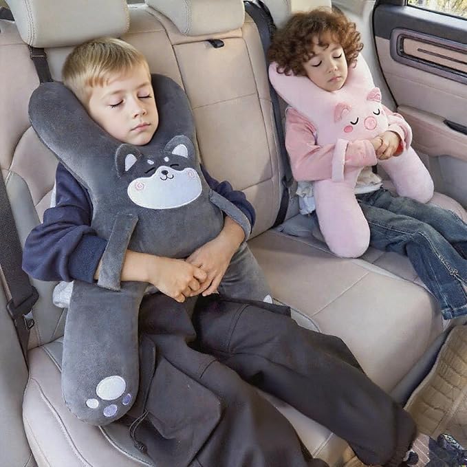 Car Pillow for Travel – Animal-Themed Car Seat Cushion with Safety Belt Protector – 4 Cute Styles: Pig, Dog, Rabbit, Panda (Pig)
