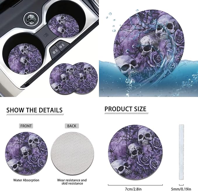 FKELY Purple Skull Car Seat Covers - Full Set for Women - Floral Foiled with Headrest & Gear Shift Cover, Steering Wheel Cover, Handbrake & Cup Coasters