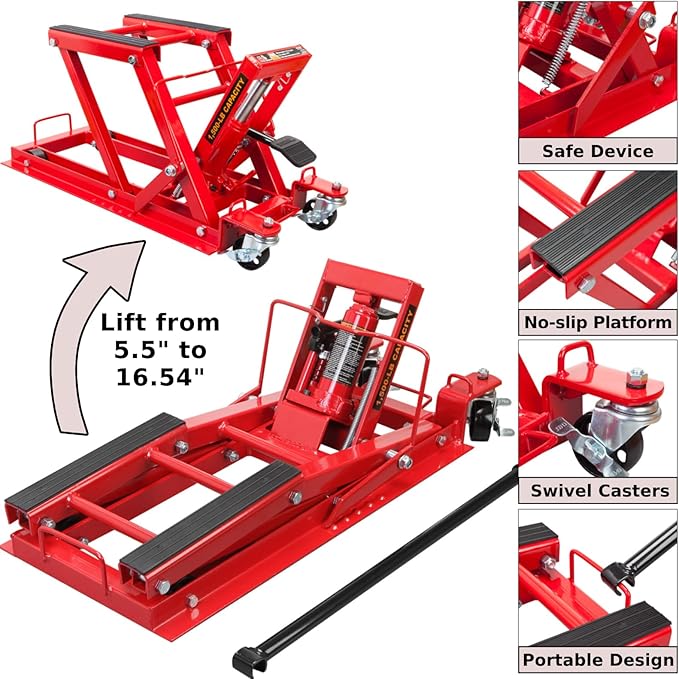 BIG RED Hydraulic Motorcycle Lift Jack with 1500LBS Load Capacity, Powersports Lift Table Operated ATV Dirt Bike Scissor Jack Stand, Fit for Motorcycle UTV Snowmobile, Red, T64017