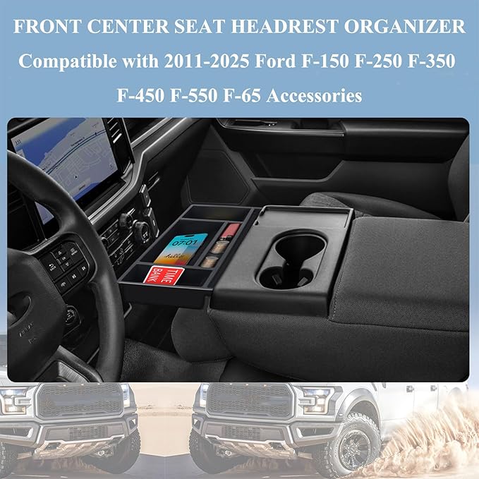 Hellet Upgrade Front Center Seat Headrest Organizer for Ford 2011-2026 F150 F250 F350 F450 F550 F650 Accessories Coin Container Storage Box with Non–Slip Silicone Mat (Jump Seat Only)