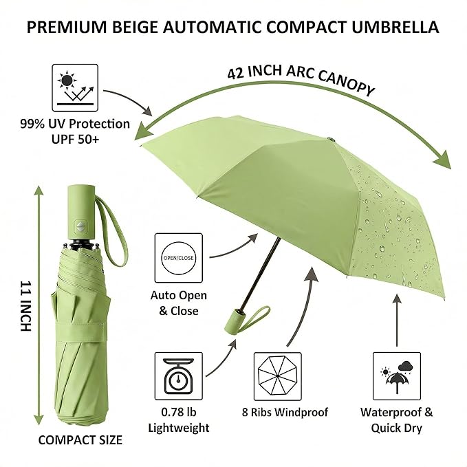 BAODINI Small UV Protection Travel Umbrella Compact for Rain and Sun UPF 50+ Windproof Portable 42 inch Umbrella for Women and Men