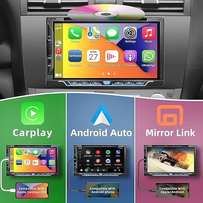 Double Din Car Stereo with CD/DVD Player, Apple CarPlay/Android Auto 7” Double din Radio with Backup Camera, Mirror Link, Bluetooth, AM FM Radio Receiver, SWC, Subwoofer, USB/TF/AUX…