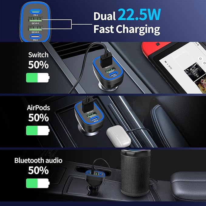 90W 4 in 1 USB C Super Fast Car Charger for iPhone 17 Pro Max/Air/16/15/iPad, Samsung S26, Pixel Android Phone, Dual 45W Type C & QC3.0, 12V Multi Port Cigarette Lighter Adapter + 2 USBC Cord 3.3ft