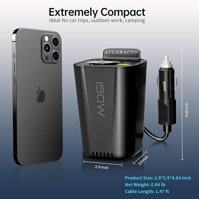 150W Power Inverter 6 in 1 DC 12V to 110V AC Inverter with 60W Dual USB-C and 18W USB-Fast Charger & 2 AC Outlets, Car Pluɡ Adapter Outlet for Laptop/Phone/GPS | Cup Holder Design for Travel