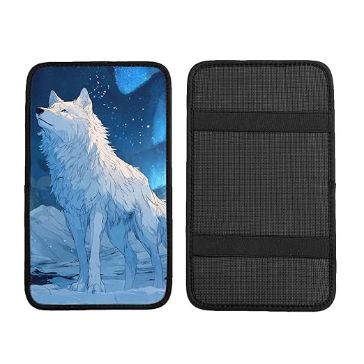 White Wolf Stands On The Snow Car Auto Armrest Cushion Cover Accessories Center Console Seat Box Pad Protector Universal Decoration for Most Vehicle SUV Truck