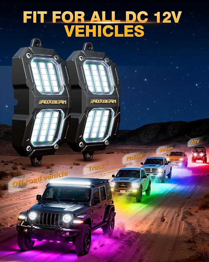 Auxbeam 2 Pods Dynamic Color Changing RGB LED Rock Lights No-Dark-Spot Bluetooth APP&Remote Control Music Voice Sync IP67 Waterproof Wheel Well Lights w/Brake Mode 1 Year Warranty (NO Controller)
