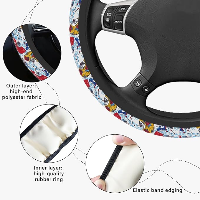 Yellow and Red Fan Steering Wheel Cover, Cute Print Steering Wheel Cover Protector, Ultra Thin Breathable Non-Slip, Car Accessories for Women, for Steering Wheel with a Diameter of 14.5"-15"