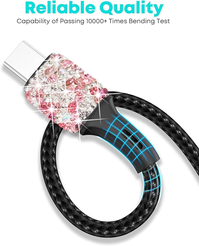 Bling USB Car Charger 5V 2.4A Mix Crystal Decor Dual Port Fast Adapter with 4ft Nylon Type C Micro USB 3 in 1 Multi Charging Cable for iPhone iPad Android, Auto Interior Accessories for Women