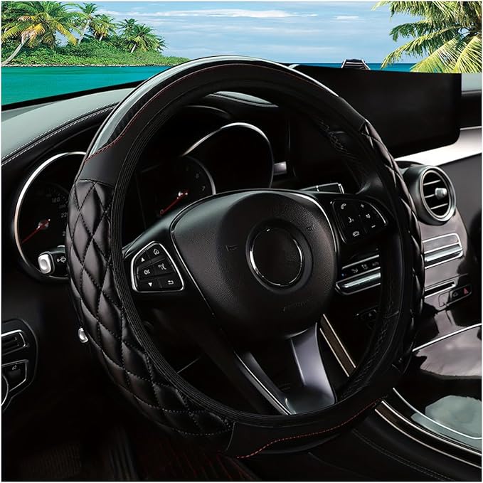 Car Steering Wheel Cover, 14.5-15inch Leather Anti-Slip Car Wheel Cover Protector, Safety Comfortable Desgin, Universal Auto Steering Wheels Accessories for Cars Truck SUV (Black)