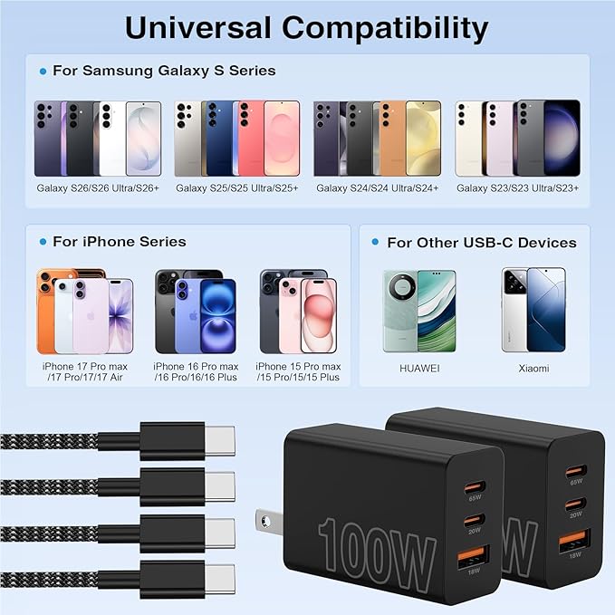65W Super Fast Charger Type C for Samsung,3 Port 100W PD Quick Charging 3.0 USB C Block & 3/6/10/10FT Braided Type C Cord for Samsung Galaxy S26 Ultra/S26/S25 Ultra/S24/Android/iPhone 17/Laptop-White