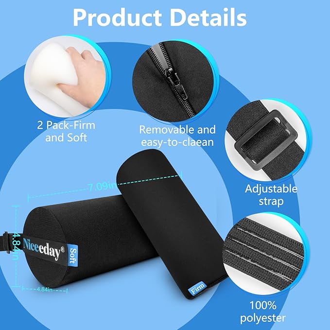 Lumbar Roll 2 Pack, Upgrated Soft & Firm Density with Non Slip Adjustable Straps, Low Back Lumbar Support for Office Chair & Car Seat Back Support Cushion, Lumbar Support for Car Seats, Desk Chair