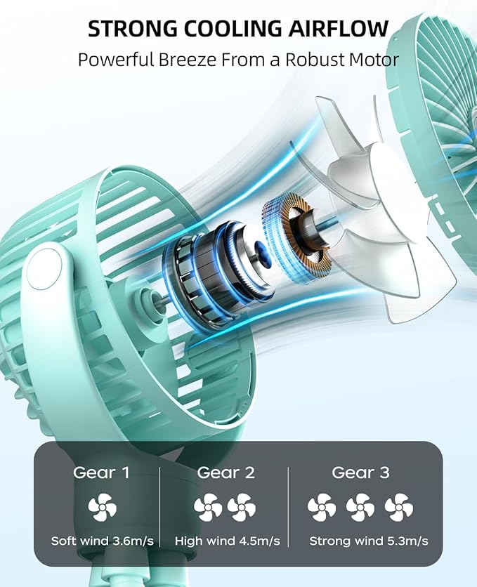 Portable Stroller Mini Fan, Small Rechargeable Personal Fan, Travel Essentials for Baby, Wagon, Car Seat, Treadmill, Battery Powered Biking Gear Accessories, 360° Rotation, 3-Speed, Display, Aqua