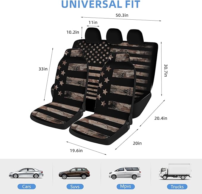 5 Pcs Premium Black Flag Car Seat Cover, Breathable & Washable Car Seat Covers Full Sets, Fashionable Printed Seat Covers for Cars Interior, Universal Fit for Most Cars, Sedan, Truck, SUV