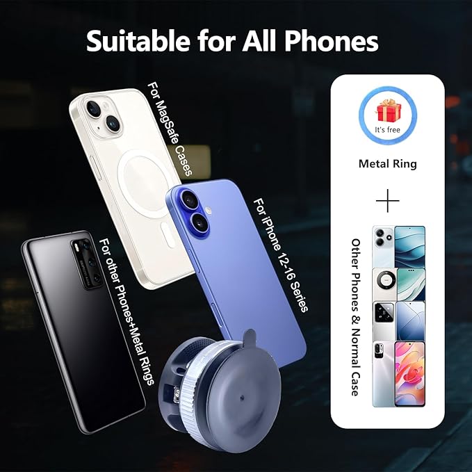 YHNNH Vacuum Magnetic Phone Holder for Car, 360° Foldable Phone Mount with Strong Suction, Magnetic Car Phone Holder Compatible with iPhone 12-16 Series & Android (Black)