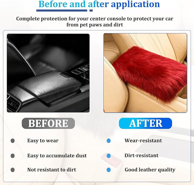 Car Center Console Cover, Fluffy Soft Vehicle Middle Console Arm Rest Cushion Pad, Furry Automotive Interior Armrest Seat Box Protector Decoration Accessories, Universal Fit (Red)