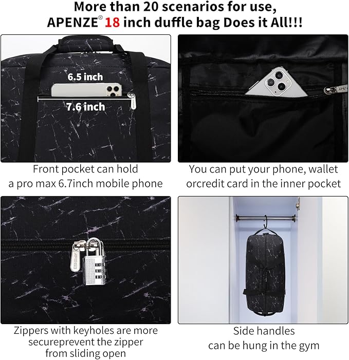 Small Gym Bag 18 inch Carry On Duffel Bag for Weekender Travel - Marble Black