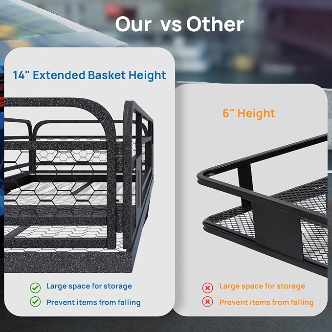 TUFFIOM 60"x24"x14" Folding Hitch Mount Cargo Carrier Basket, Upgraded 14" Height 500lbs Steel Car Cargo Trailer Hitch Luggage Rack with Straps & Stabilizer for SUV Car Truck Van