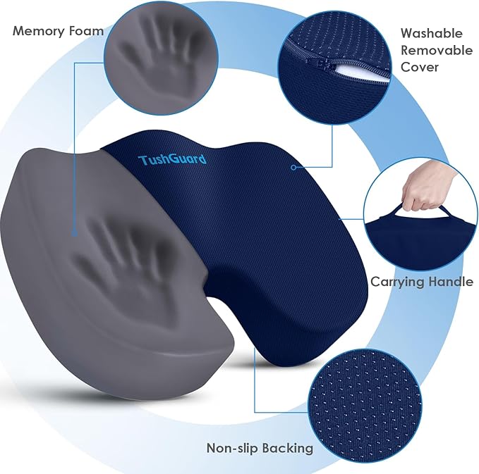 TushGuard Seat Cushion for Office Chair Memory Foam Non-Slip Desk Seat Cushion Back, Coccyx, Sciatica, Tailbone Pain Relief Butt Pillow for Office Chair, Car, Wheelchair, Blue