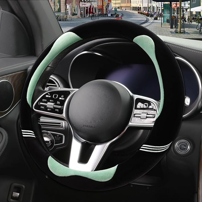 14 inch Furry Cute Steering Wheel Cover, Soft Fluffy Short Plush Auto Accessories, Non-Slip Cold-Proof Sweat-Proof Colorfast(Black with Green)