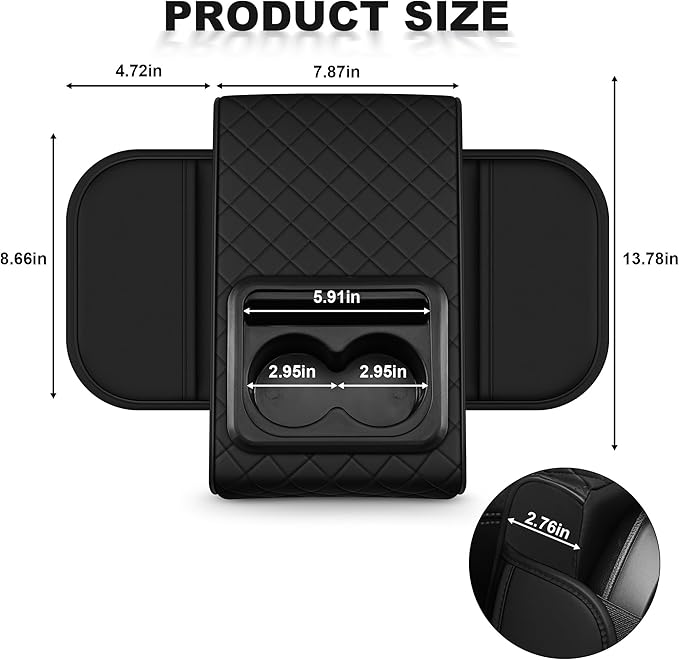Center Console Cover Fit for Kia Soul 2010-2025 with 2 Storage Bags Waterproof Leather Quilted Pattern Car Armrest Cover Cushion Elevating Pad Anti-Slip(Black)