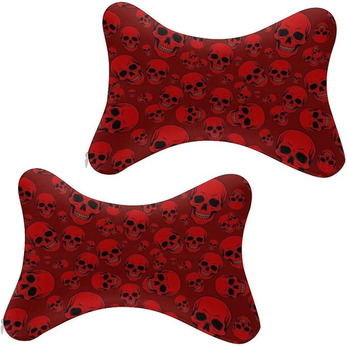 2 Pack Car Neck Pillow Compatible with Red Skulls, Softness Car Headrest Pillow for Driving with Adjustable Strap, Memory Foam Removable Cover, Comfortable Ergonomic Design