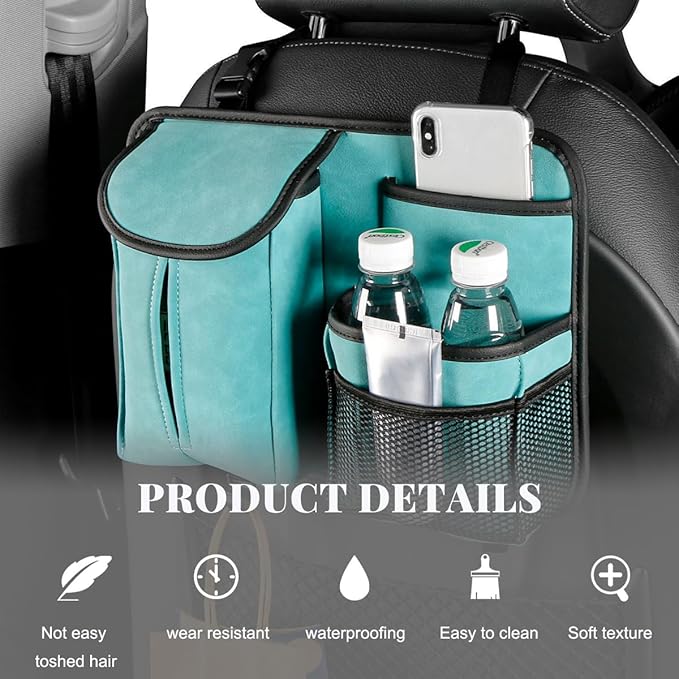 Car Back Seat Organizer, Multi Pockets Car Hanging Seat Back Headrest Organizer with Hook, Durable Car Seat Storage Bag, Universal Travel Accessories with Tissue Box Net Pocket (Blue)