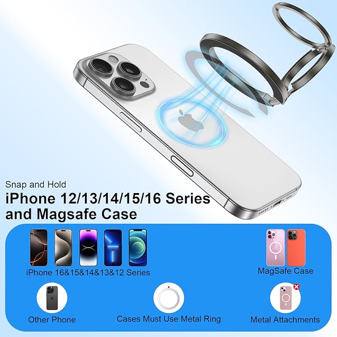 Magnetic Ring Holder for MagSafe Dual-Side Magnet Stand Cell Phone Grip for iPhone 17 Pro Max 16 15 14 13 12 Plus Samsung Galaxy S25 Edge S24 Ultra S23 S22 S21 S20 Magnetic Finger Ring for Car Mount