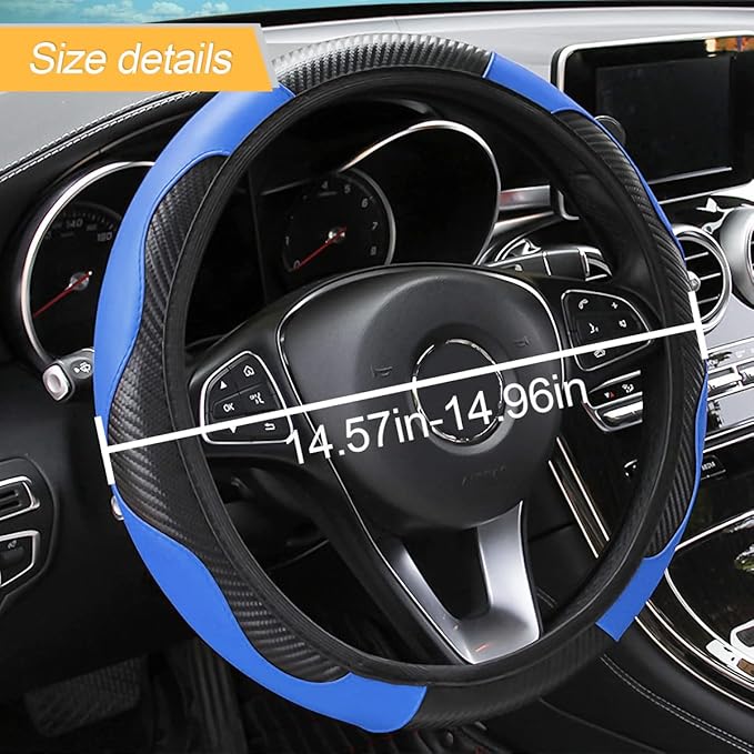 Car Steering Wheel Cover, Microfiber PU Leather Elastic Carbon Fiber Auto Steering Wheel Protector, 15 Inch Breathable Anti-Slip for Women Men, Car Interior Accessories for Most Cars (Black/Blue)