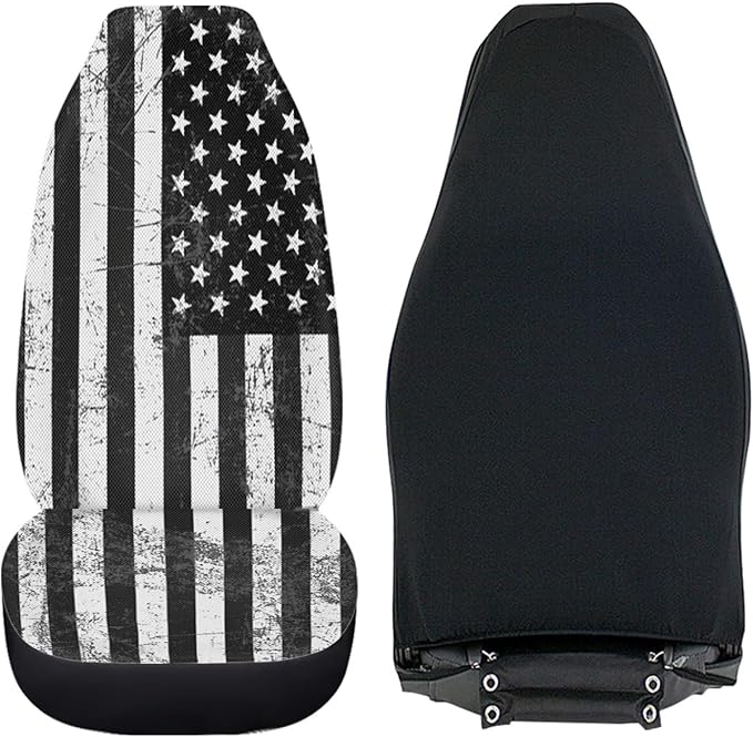 ELEQIN Patriotic American Flag Print Front Seat Cover 2 Pcs,Classic Black White Universal Vehicle Seat Protector Mat Covers, Fit Most Cars, Sedan, SUV, Van Truck