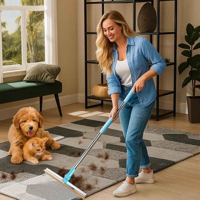 Carpet Rake for Pet Hair Removal Tool 5-in-1 Set Includes Retractable Carpet Rake, Grooming Brush, Hair Scraper, Hooks & Lint Removers for Carpets, Rugs, Furniture & Car Interiors