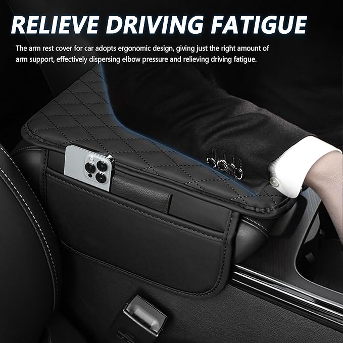 Upgraded Car Center Console Cover,Microfiber Leather Car Armrest Cover Cushion with 2 Storage Bags,Car Armrest Storage Box Interior Accessories for Most Vehicles (Black)